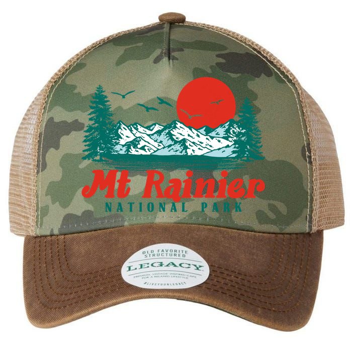 Retro Mount Rainier Mountain Trees And Sun Scene Graphic Gift Legacy Tie Dye Trucker Hat