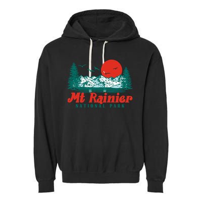 Retro Mount Rainier Mountain Trees And Sun Scene Graphic Gift Garment-Dyed Fleece Hoodie