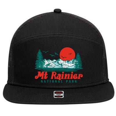 Retro Mount Rainier Mountain Trees And Sun Scene Graphic Gift 7 Panel Mesh Trucker Snapback Hat