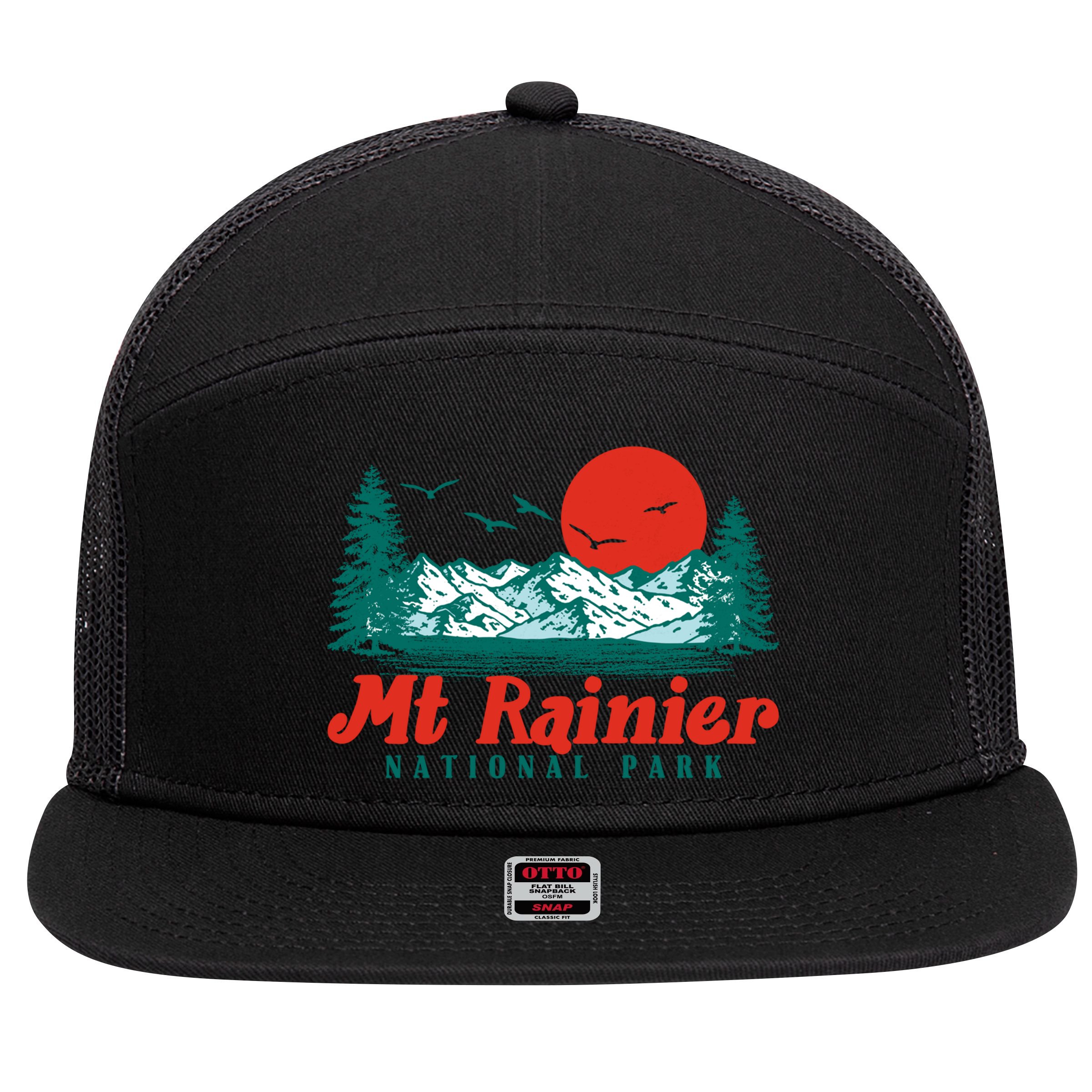 Retro Mount Rainier Mountain Trees And Sun Scene Graphic Gift 7 Panel Mesh Trucker Snapback Hat