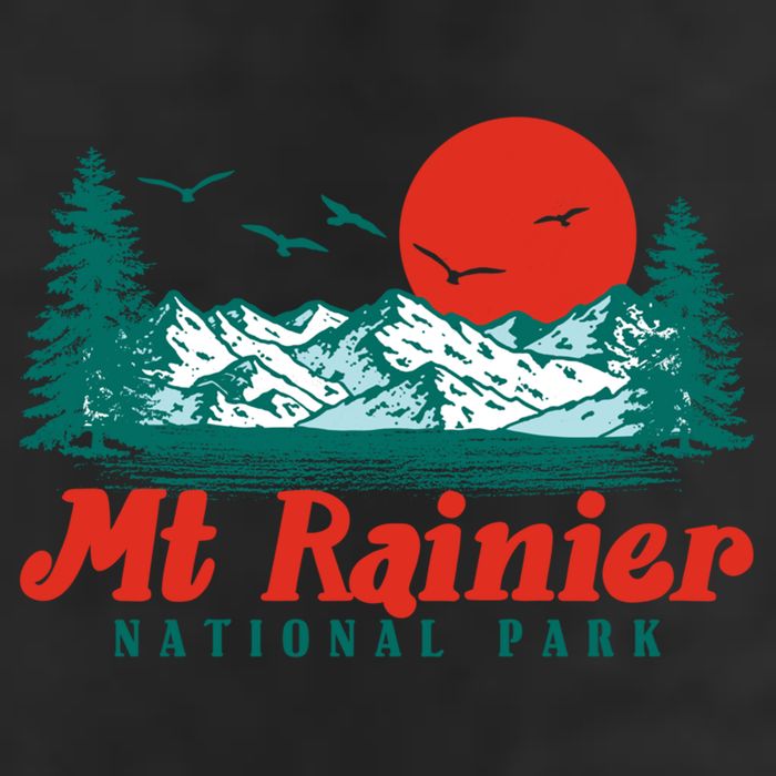 Retro Mount Rainier Mountain Trees And Sun Scene Graphic Gift 7 Panel Mesh Trucker Snapback Hat