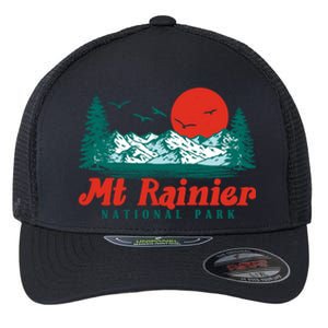 Retro Mount Rainier Mountain Trees And Sun Scene Graphic Gift Flexfit Unipanel Trucker Cap