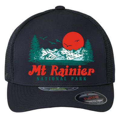 Retro Mount Rainier Mountain Trees And Sun Scene Graphic Gift Flexfit Unipanel Trucker Cap