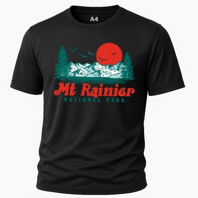 Retro Mount Rainier Mountain Trees And Sun Scene Graphic Gift Performance Shirt