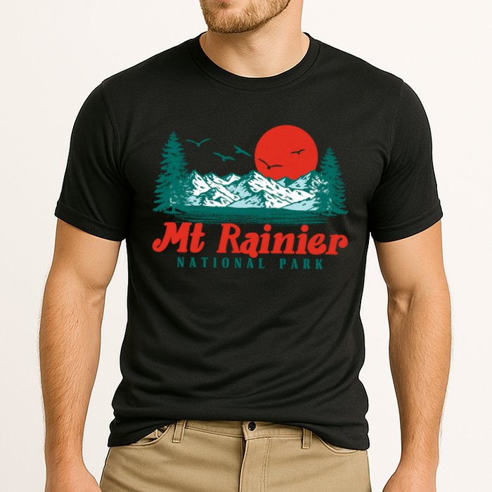 Retro Mount Rainier Mountain Trees And Sun Scene Graphic Gift Cooling Performance Crew T-Shirt
