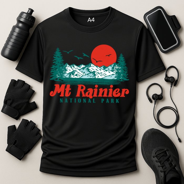 Retro Mount Rainier Mountain Trees And Sun Scene Graphic Gift Cooling Performance Crew T-Shirt
