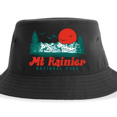 Retro Mount Rainier Mountain Trees And Sun Scene Graphic Gift Sustainable Bucket Hat