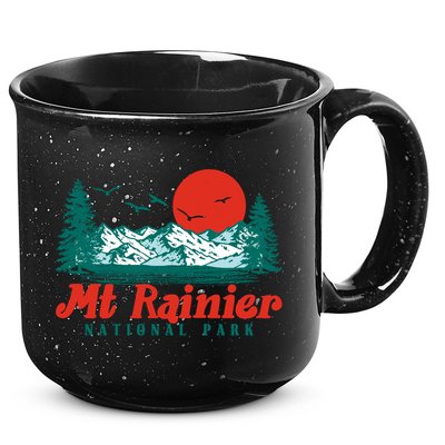 Retro Mount Rainier Mountain Trees And Sun Scene Graphic Gift 15oz Campfire Ceramic Mug