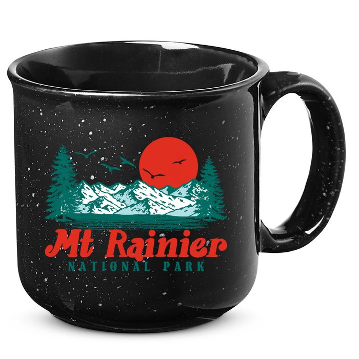 Retro Mount Rainier Mountain Trees And Sun Scene Graphic Gift 15oz Campfire Ceramic Mug
