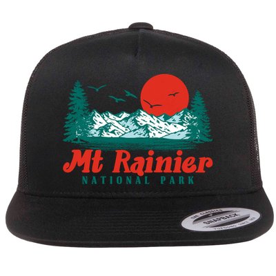 Retro Mount Rainier Mountain Trees And Sun Scene Graphic Gift Flatbill Hat