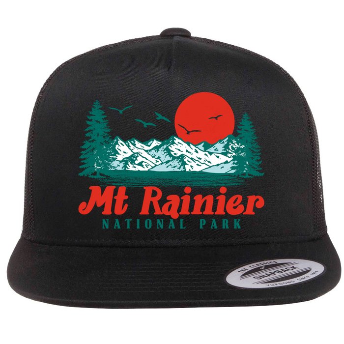 Retro Mount Rainier Mountain Trees And Sun Scene Graphic Gift Flat Bill Trucker Hat