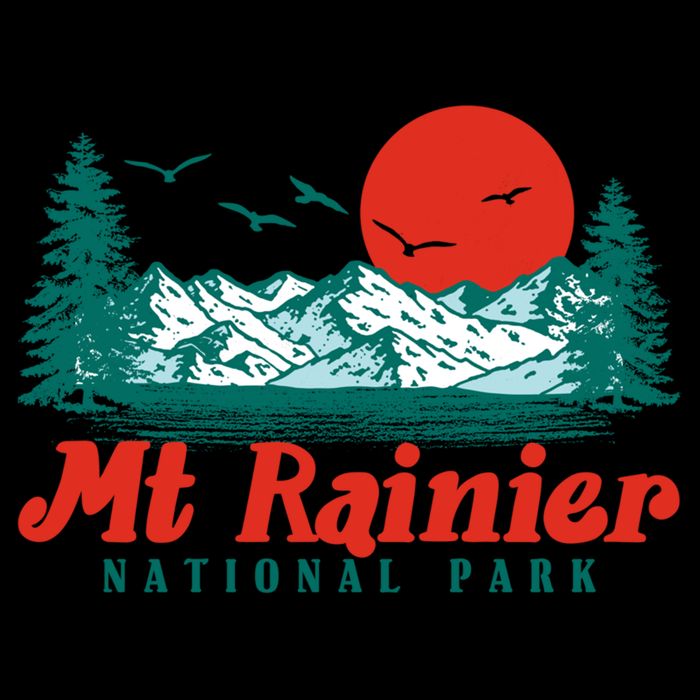 Retro Mount Rainier Mountain Trees And Sun Scene Graphic Gift Flat Bill Trucker Hat