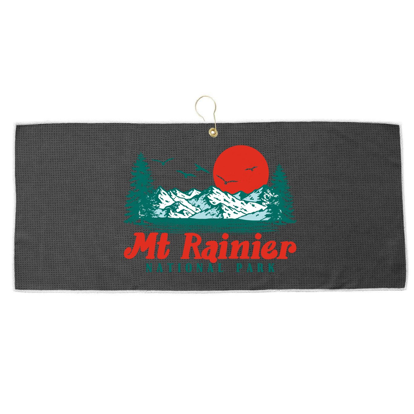 Retro Mount Rainier Mountain Trees And Sun Scene Graphic Gift Large Microfiber Waffle Golf Towel