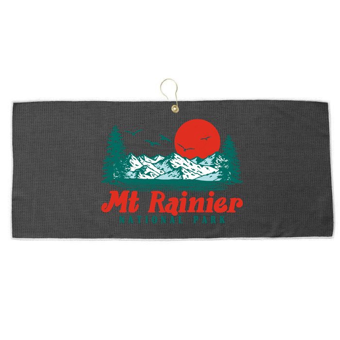 Retro Mount Rainier Mountain Trees And Sun Scene Graphic Gift Large Microfiber Waffle Golf Towel