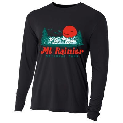 Retro Mount Rainier Mountain Trees And Sun Scene Graphic Gift Cooling Performance Long Sleeve Crew