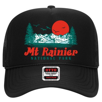 Retro Mount Rainier Mountain Trees And Sun Scene Graphic Gift Trucker Hat