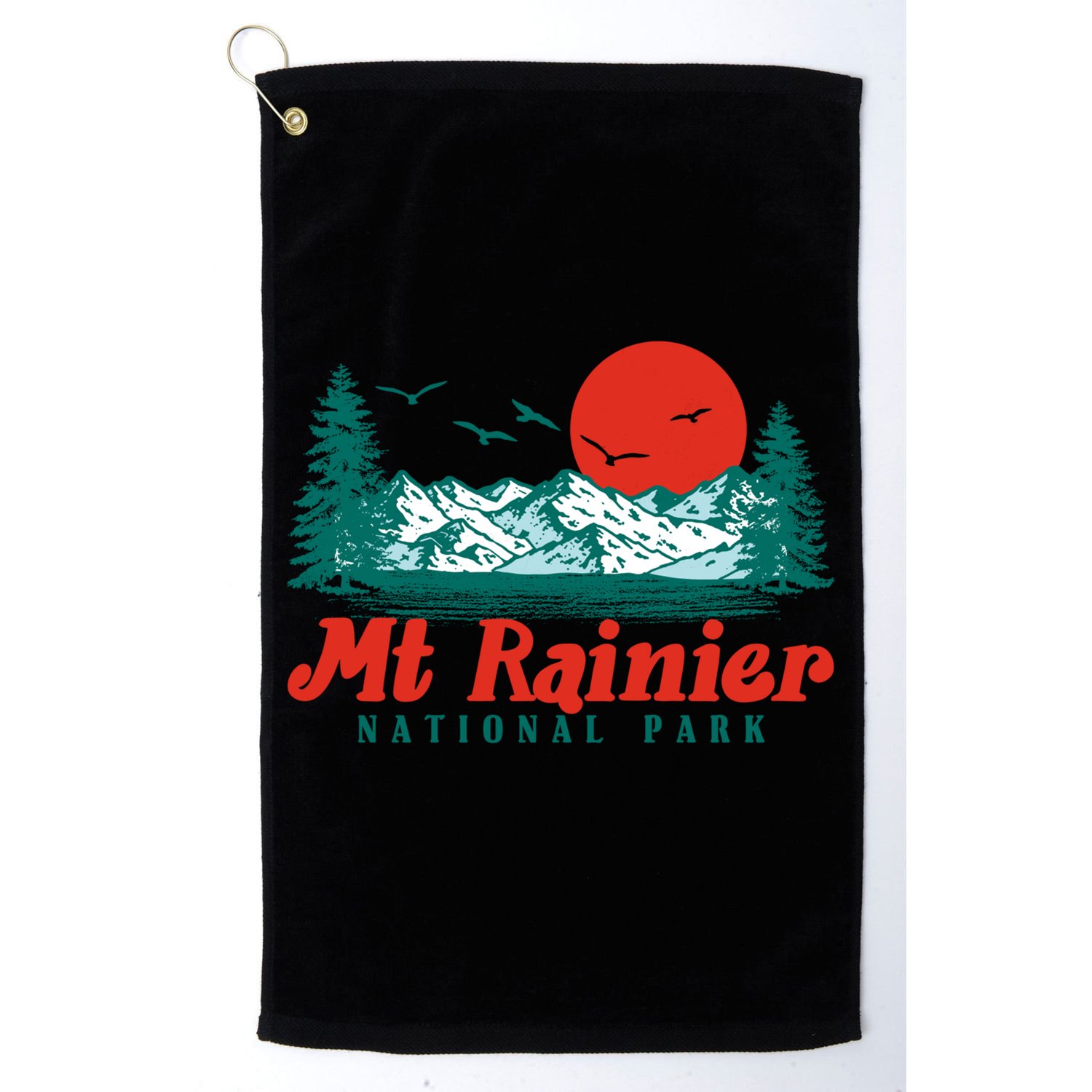 Retro Mount Rainier Mountain Trees And Sun Scene Graphic Gift Golf Towel