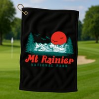 Retro Mount Rainier Mountain Trees And Sun Scene Graphic Gift Golf Towel