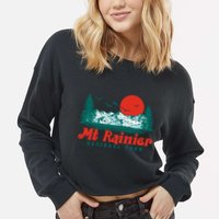 Retro Mount Rainier Mountain Trees And Sun Scene Graphic Gift Cropped Pullover Crew