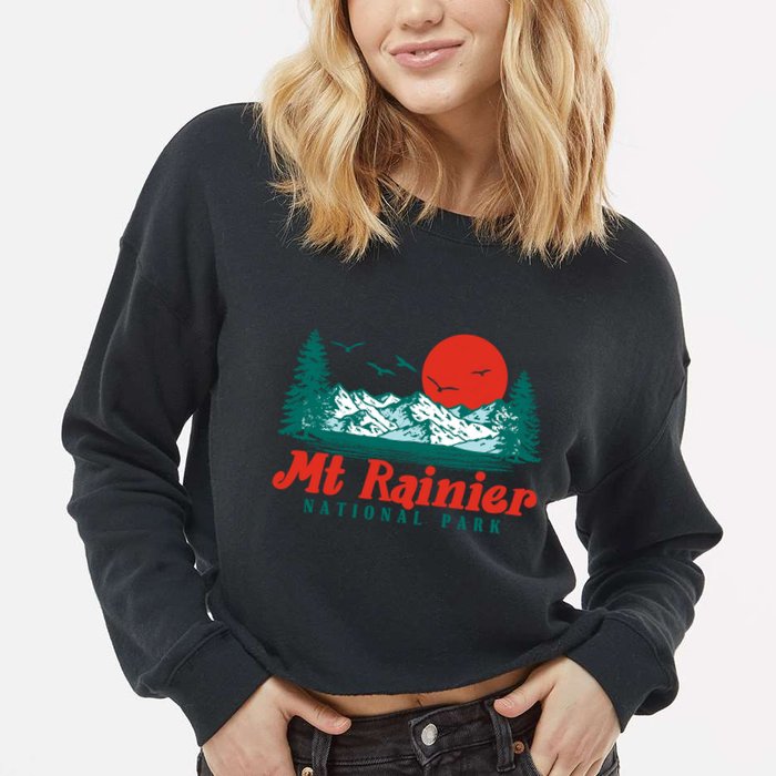 Retro Mount Rainier Mountain Trees And Sun Scene Graphic Gift Cropped Pullover Crew