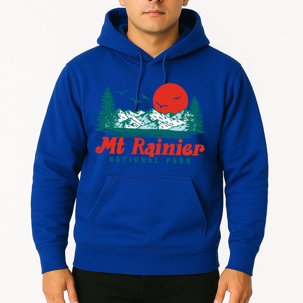 Retro Mount Rainier Mountain Trees And Sun Scene Graphic Gift Hoodie