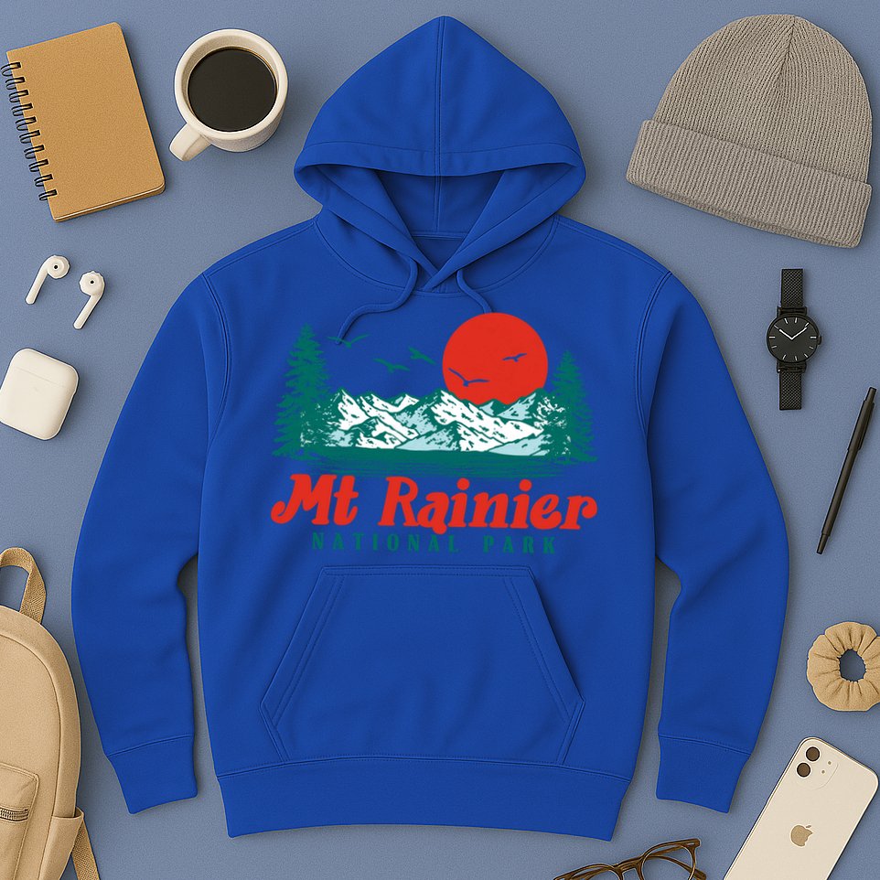 Retro Mount Rainier Mountain Trees And Sun Scene Graphic Gift Hoodie