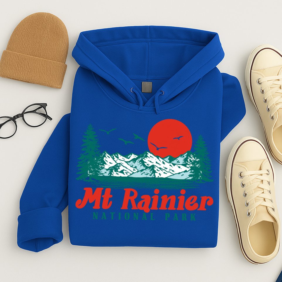 Retro Mount Rainier Mountain Trees And Sun Scene Graphic Gift Hoodie