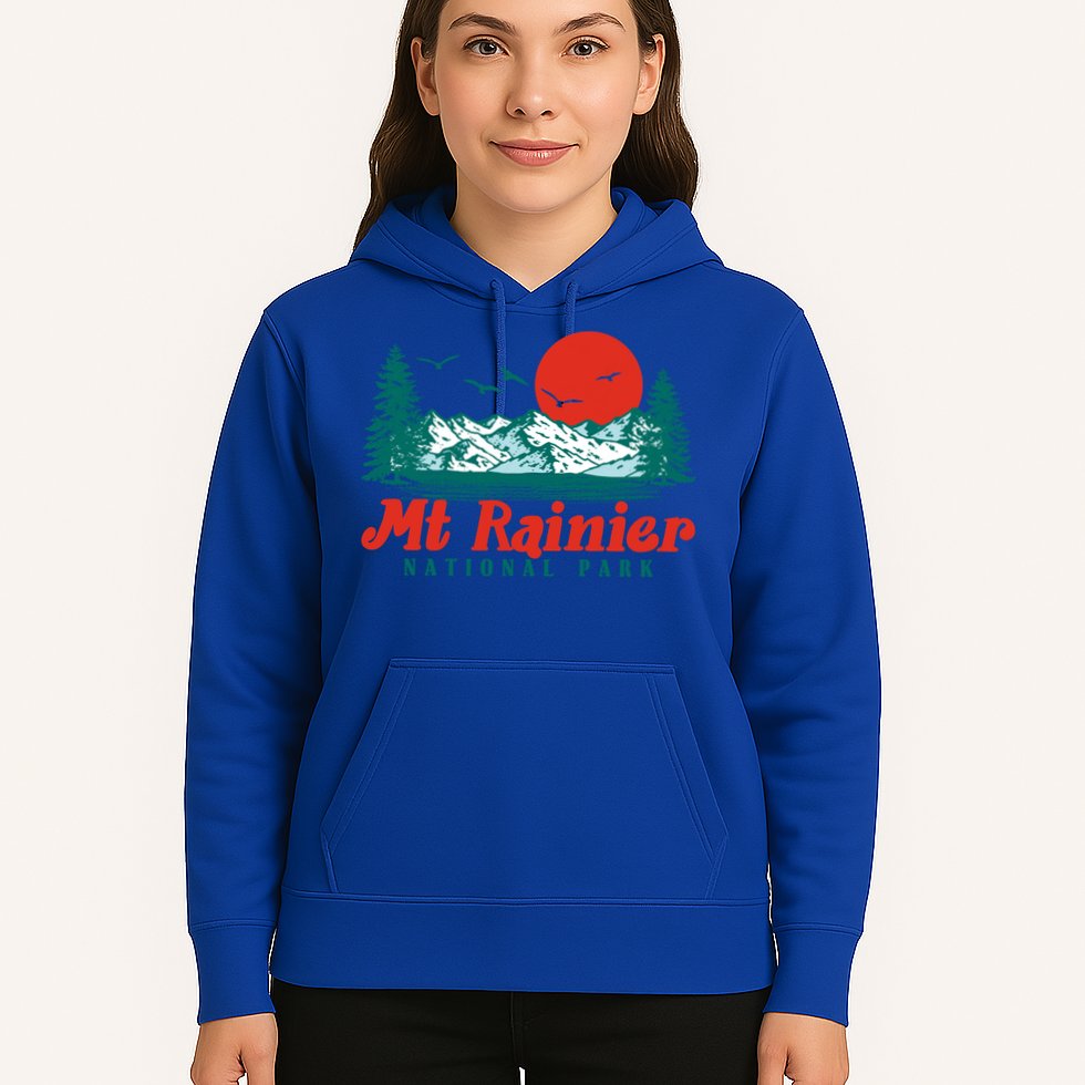 Retro Mount Rainier Mountain Trees And Sun Scene Graphic Gift Hoodie