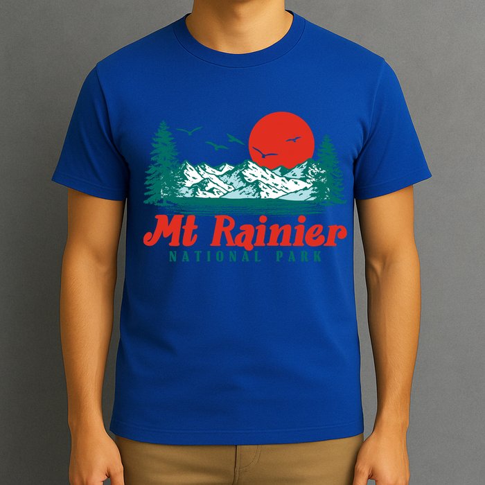 Retro Mount Rainier Mountain Trees And Sun Scene Graphic Gift T-Shirt