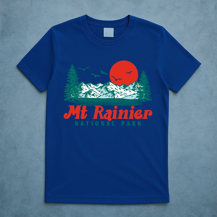 Retro Mount Rainier Mountain Trees And Sun Scene Graphic Gift T-Shirt