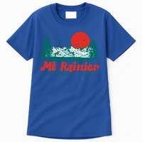 Retro Mount Rainier Mountain Trees And Sun Scene Graphic Gift Tall T-Shirt