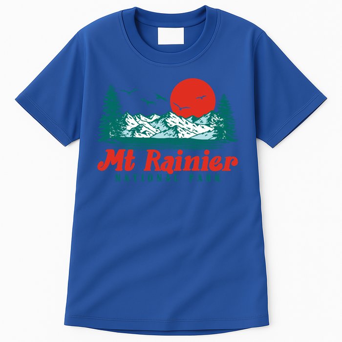 Retro Mount Rainier Mountain Trees And Sun Scene Graphic Gift Tall T-Shirt