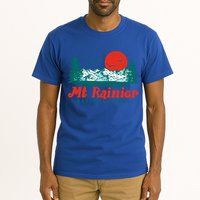 Retro Mount Rainier Mountain Trees And Sun Scene Graphic Gift Tall T-Shirt