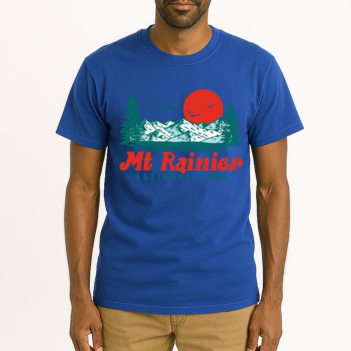 Retro Mount Rainier Mountain Trees And Sun Scene Graphic Gift Tall T-Shirt