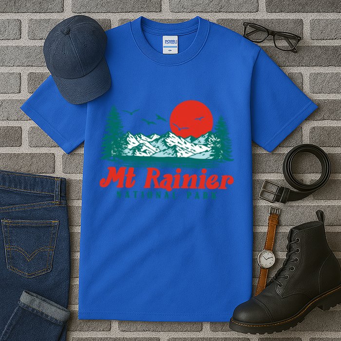 Retro Mount Rainier Mountain Trees And Sun Scene Graphic Gift Tall T-Shirt