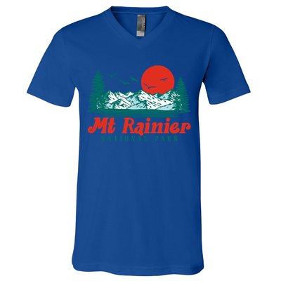 Retro Mount Rainier Mountain Trees And Sun Scene Graphic Gift V-Neck T-Shirt