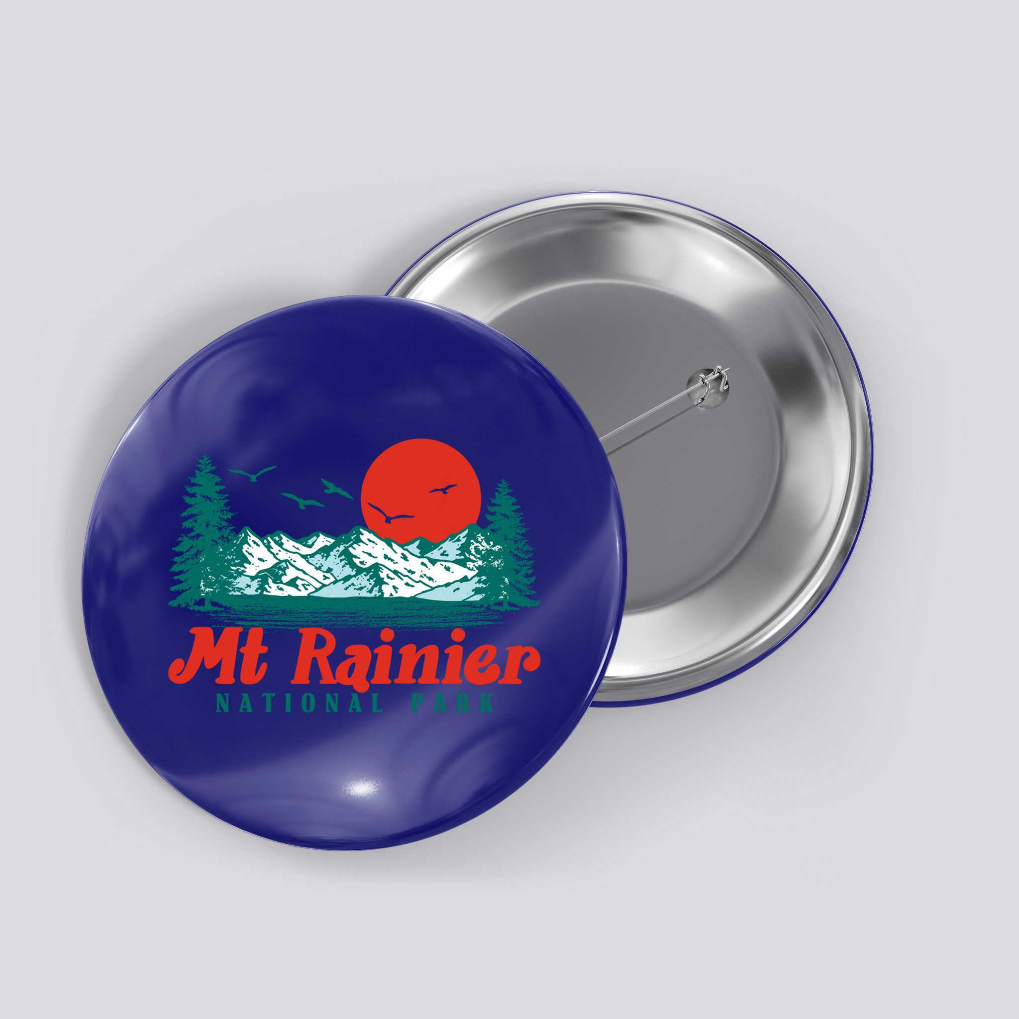 Retro Mount Rainier Mountain Trees And Sun Scene Graphic Gift Button
