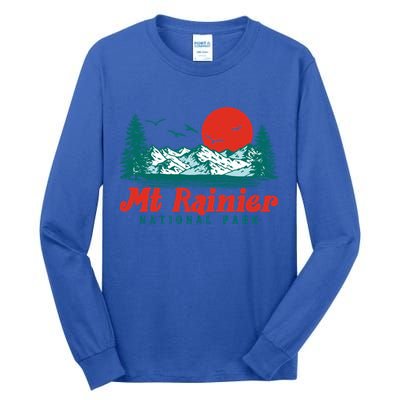 Retro Mount Rainier Mountain Trees And Sun Scene Graphic Gift Tall Long Sleeve T-Shirt