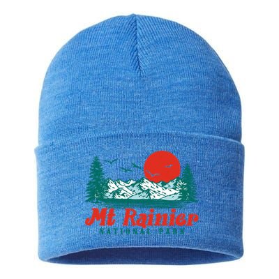 Retro Mount Rainier Mountain Trees And Sun Scene Graphic Gift Sustainable Knit Beanie