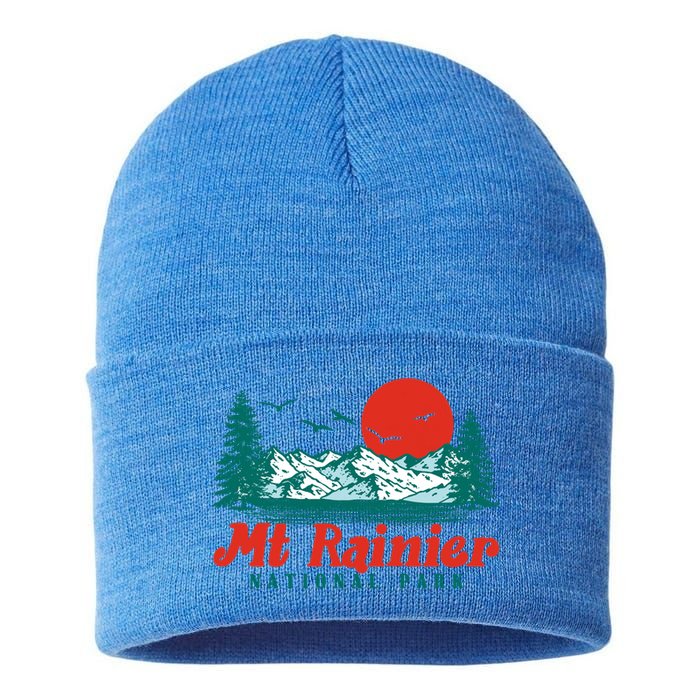 Retro Mount Rainier Mountain Trees And Sun Scene Graphic Gift Sustainable Knit Beanie