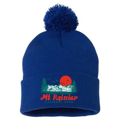 Retro Mount Rainier Mountain Trees And Sun Scene Graphic Gift Pom Pom 12in Knit Beanie