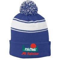 Retro Mount Rainier Mountain Trees And Sun Scene Graphic Gift Stripe Pom Pom Beanie
