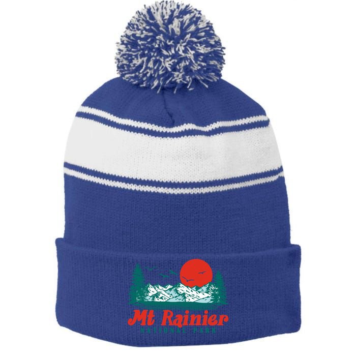 Retro Mount Rainier Mountain Trees And Sun Scene Graphic Gift Stripe Pom Pom Beanie