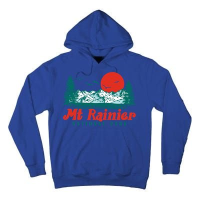 Retro Mount Rainier Mountain Trees And Sun Scene Graphic Gift Tall Hoodie