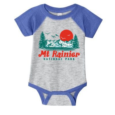 Retro Mount Rainier Mountain Trees And Sun Scene Graphic Gift Infant Baby Jersey Bodysuit