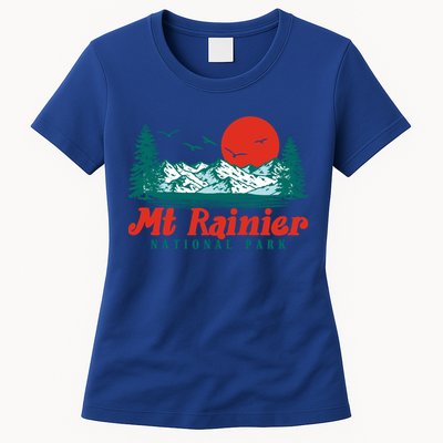 Retro Mount Rainier Mountain Trees And Sun Scene Graphic Gift Womens T-Shirt