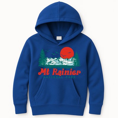 Retro Mount Rainier Mountain Trees And Sun Scene Graphic Gift Kids Hoodie
