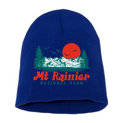 Retro Mount Rainier Mountain Trees And Sun Scene Graphic Gift Short Acrylic Beanie