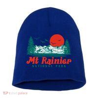 Retro Mount Rainier Mountain Trees And Sun Scene Graphic Gift Short Acrylic Beanie