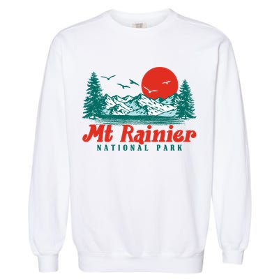 Retro Mount Rainier Mountain Trees And Sun Scene Graphic Gift Garment-Dyed Sweatshirt